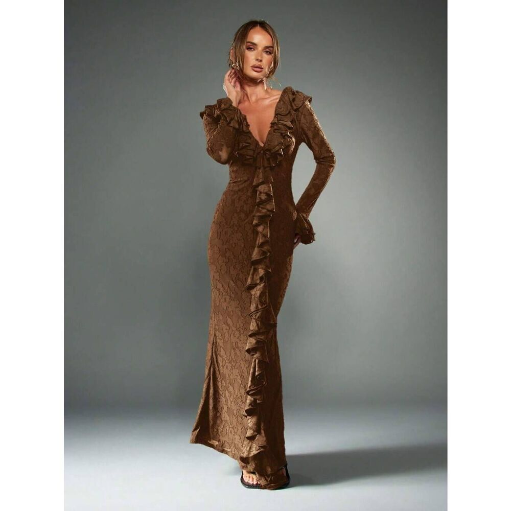Missguided Brown Ruffle Lace Bodycon Maxi Dress Medium Formal Event Sexy Chic